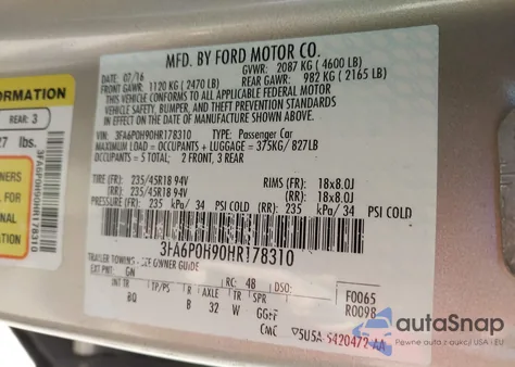 2017 Ford Fusion Se z USA, uszkodzony, nr VIN 3FA6P0H90HR178310